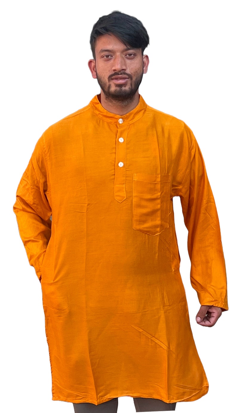 Traditional Indian Punjabi Men's Collarless Long KurtaKurtha Grandad Top Shirt: Saffron Golden YellowPSR image 3