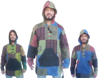 Patchwork Cotton Hoodie • Boho Kangaroo Pocket, Wooden Buttons