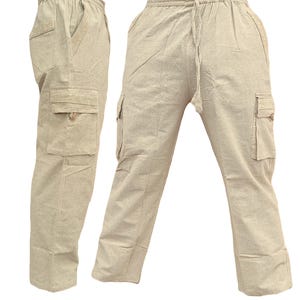 May include: Beige cargo trousers with a drawstring waist and multiple pockets.