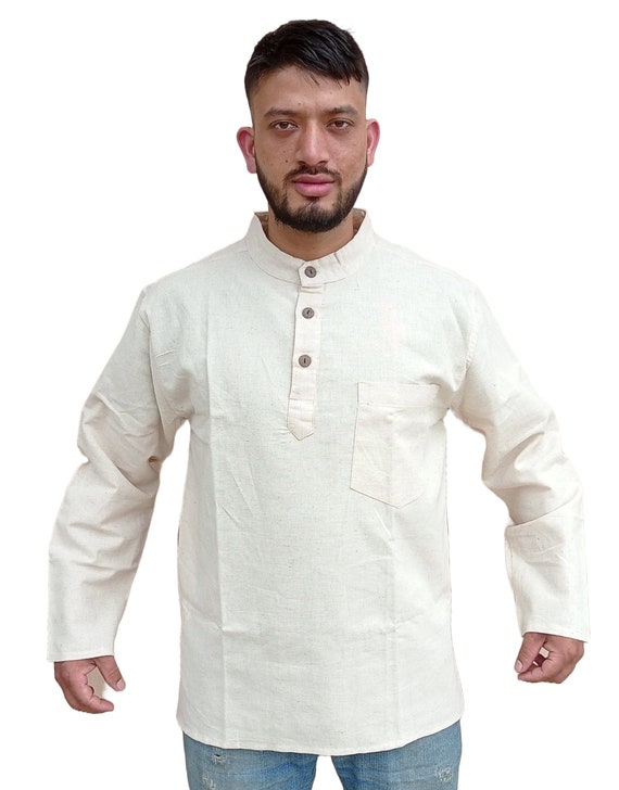 Camicia Kurta Grandad in lino Tessuto in fibra di lino sostenibile Camicia da spiaggia estiva senza colletto a maniche corte e lunghe da uomo con 3 bottoni piatti Etsy Italia