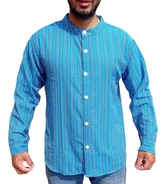 Camisa a rayas sin cuello Kurta para hombre Algodon transpirable Manga larga Punos abotonados Prenda formal informal de verano sin cuello Botones completos Etsy Espana
