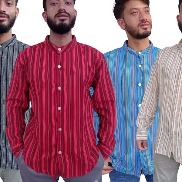 Striped Collarless Shirt Kurta Men's • Breathable Cotton • Long Sleeve•Button Cuff  • Collarless Summer Informal Formal Wear•Full Buttons