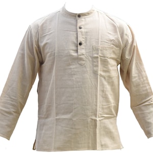 Natural Beige Grandad Cotton Kurta Shirt Men&#39;s Long Sleeve Collarless Yoga Wear with Flat Buttons