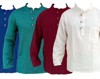 Plain Grandad Kurta Shirt Men&#39;s  Breathable Cotton Long Sleeve Collarless Summer Beach Wear with Toggle Buttons