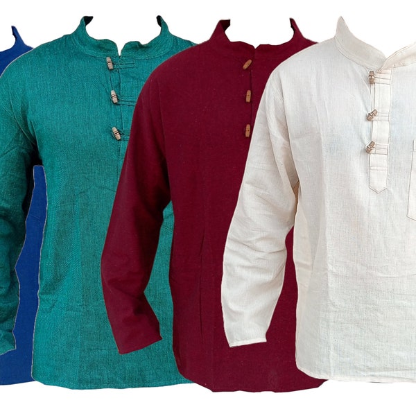 Plain Grandad Kurta Shirt Men's  Breathable Cotton Long Sleeve Collarless Summer Beach Wear with Toggle Buttons