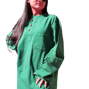 Long Sleeve Cotton Collarless Ladies&#39;  Yoga Grandad Kurta Shirt Top with Toggle Buttons