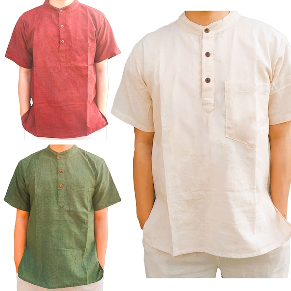 Grandad Kurta Shirt Men's Cotton Half Short Sleeve Collarless Summer Beach Wear Yoga Top