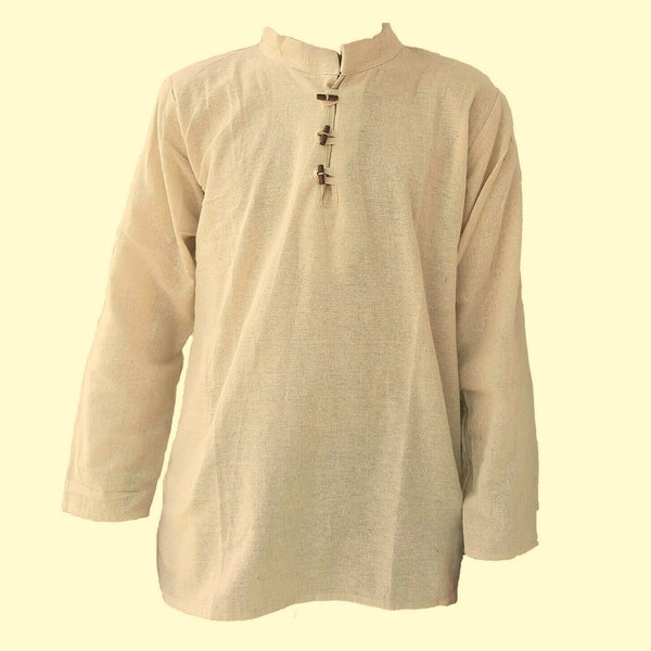 White Ivory Grandad Kurta Shirt Men's  Breathable Cotton Long Sleeve Collarless Summer Beach Wear with Toggle Buttons