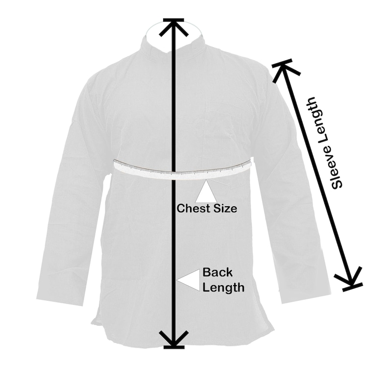 Pu&ograve; includere: Diagramma che mostra come misurare il petto, la lunghezza della schiena e la lunghezza della manica di una camicia. Le misure sono indicate in pollici.