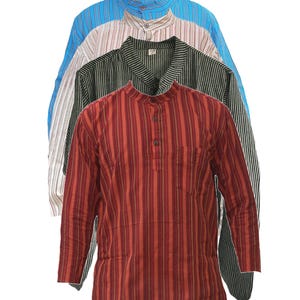 Stripe Grandad Kurta Shirt Men&#39;s  Cotton Long Full Sleeve Collarless Summer Beach Yoga Wear