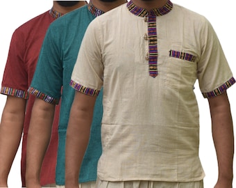 Border Grandad Kurta Shirt | Short Sleeve Cotton Yoga Top
