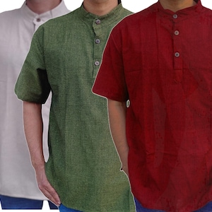Grandad Kurta Shirt Men&#39;s Cotton Half Short Sleeve Collarless Summer Beach Wear Yoga Top