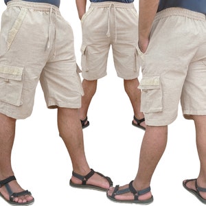 May include: Beige linen cargo shorts with a drawstring waist and multiple pockets. The shorts are shown on three models wearing sandals.