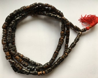 Skull Carved Brown Beads Mala Necklace with 108+1 Skull beads Buddhism Boho Hippy Buddhism