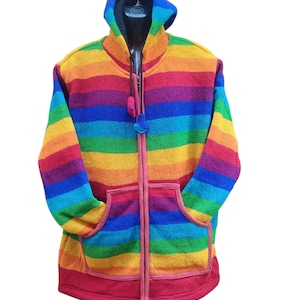 Knitted Rainbow Jacket Jumper Hoodie . Pure Wool Woollen Colourful Festival Boho Hippie Nomadic Festival Thick Top :clearance price