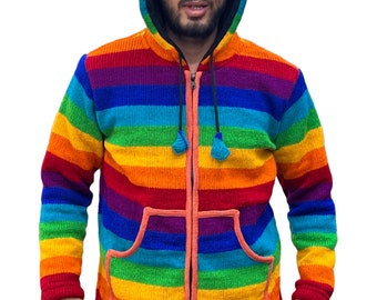 Knitted Rainbow Jacket Jumper Hoodie . Pure Wool Woollen Colourful Festival Boho Hippie Nomadic Festival Thick Top :clearance price