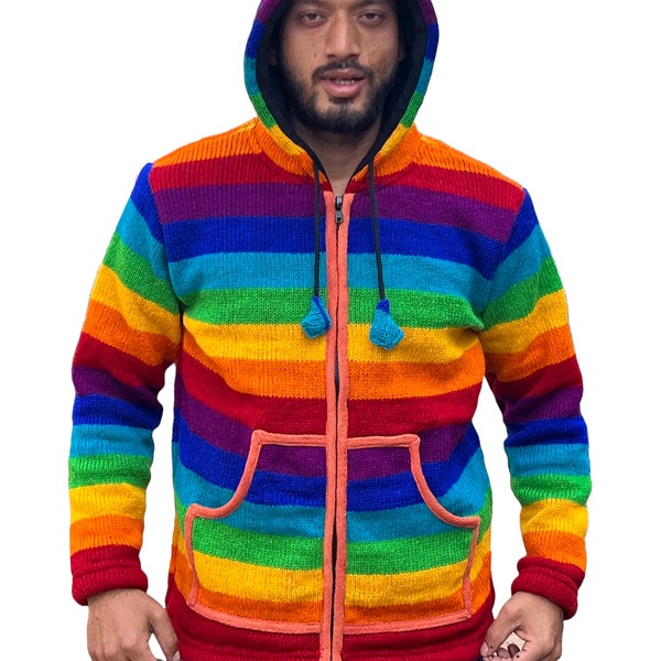 Knitted Rainbow Jacket Jumper Hoodie . Pure Wool Woollen Colourful Festival Boho Hippie Nomadic Festival Thick Top :clearance price