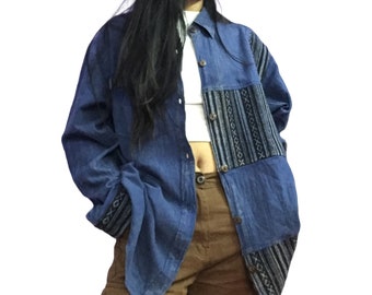 Oversized Sustainable Patchwork Blue Shirt •Stone wash• Offcuts remnants Boho Hippy LadiesTop