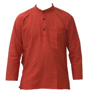 Saffron scarlet Grandad Kurta Shirt Men's  Cotton Long Sleeve Collarless Summer Beach Wear with Flat Buttons