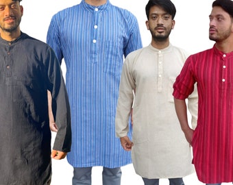 Indian Punjabi Men's Collarless Long Full Sleeve Kurta Shirt Grandad Kurtha(PBRB))