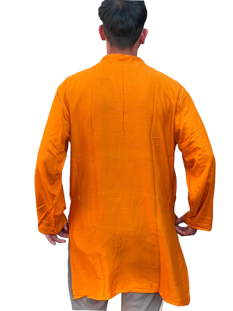 Traditional Indian Punjabi Men's Collarless Long KurtaKurtha Grandad Top Shirt: Saffron Golden YellowPSR image 5