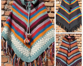 Poncho de rayas coloridas de lana pura tejido a mano// Festival Boho Hippie Nomadic Festival Thick Top Poncho Wrap: precio de liquidación