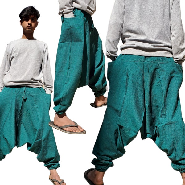 Green Plain Aladdin Harem Baggy Cotton Yoga Flexible Unisex Trousers