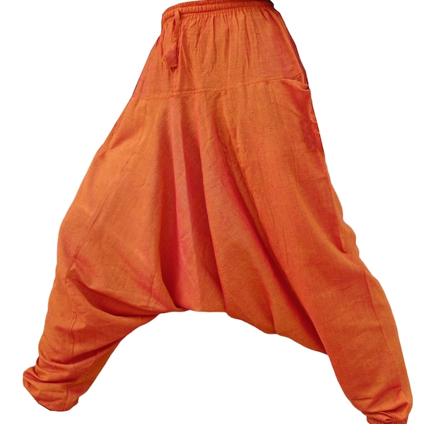 Orange Plain Aladdin Harem Baggy Cotton Yoga Flexible Unisex Men's Trousers