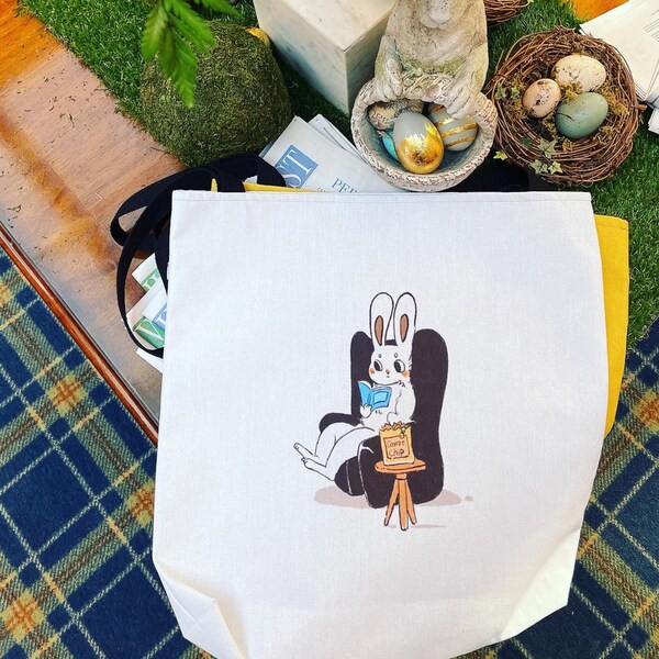 SketchBakery, Reading Rabbit Tote Bag, white