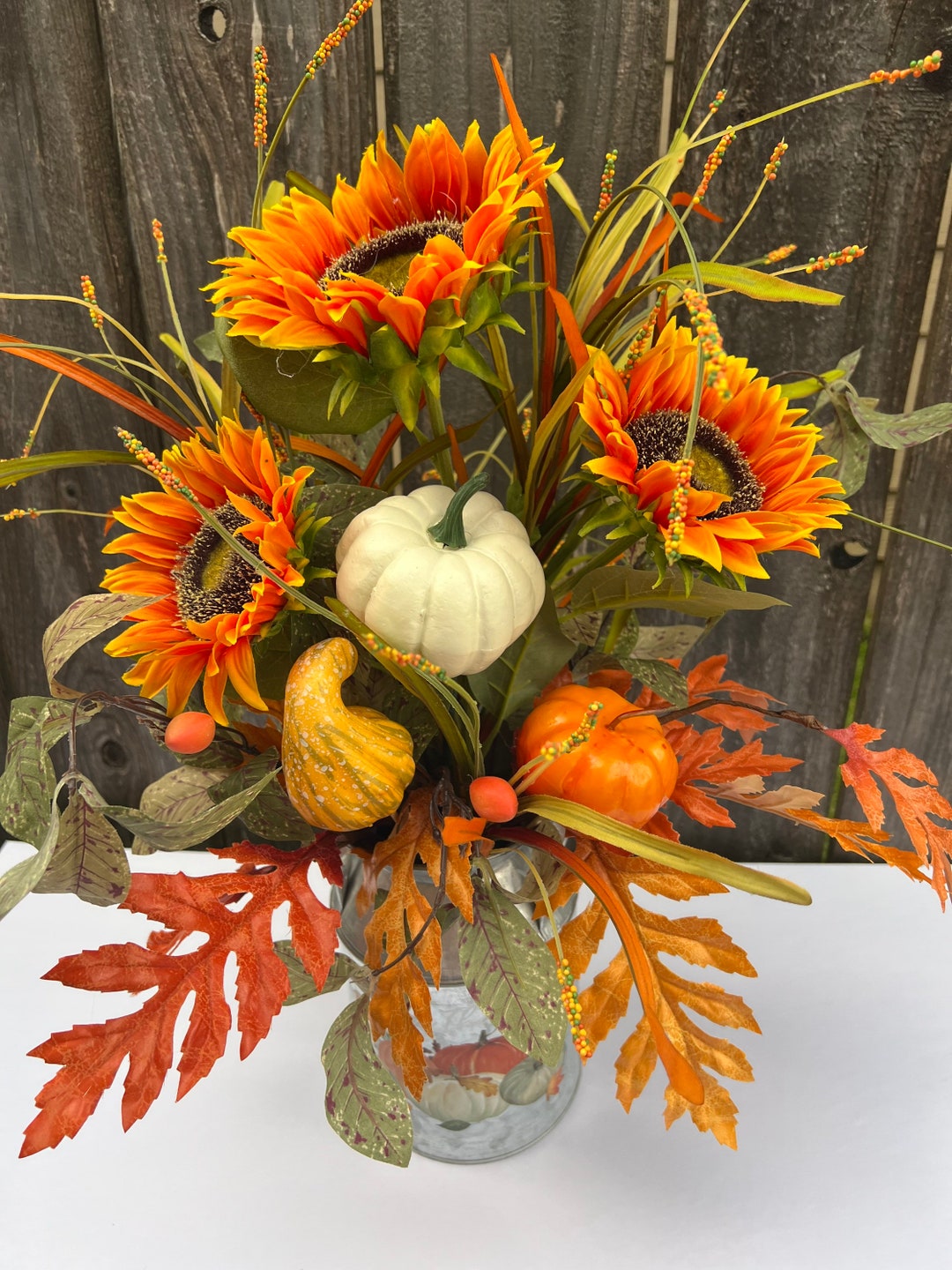 Fall Milk Jug Floral Arrangement, Autumn Hearth Arrangement, Pumpkin