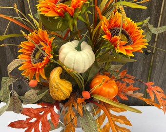 Handmade Fall Floral Arrangement: Sunflowers, Pumpkins in Metal Milk Jug