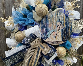 Handmade Nativity Christmas Wreath: Holy Family Scene with Designer Ribbons