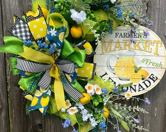 Lemon Grapevine Wreath: Yellow Checkered Mesh, Summer Decor