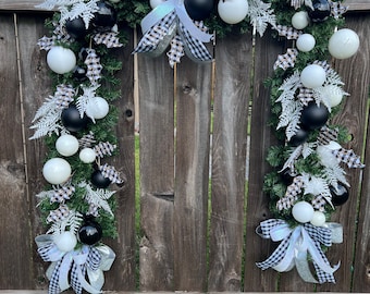 Handmade Christmas Garland: Buffalo Plaid, Black & White Ornaments