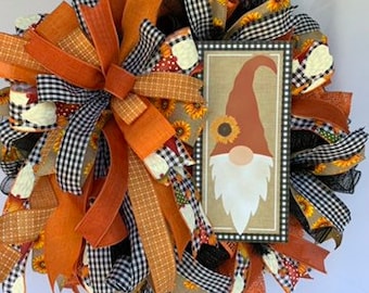 Gnome Fall wreath, Buffalo plaid gnome wreath, sunflower wreath, Autumn gnome wreath, Fall front door wreath, outdoor wreath