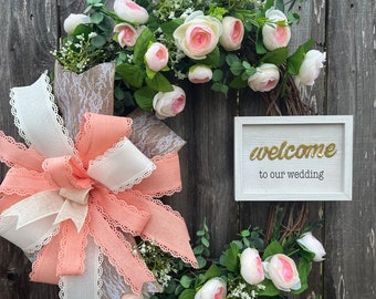 Peony Grapevine Wedding Wreath: Coral Pink Floral Bridal Decor