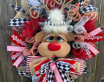 Rudolph Reindeer Christmas Wreath: Handmade Pine & Designer Ribbon