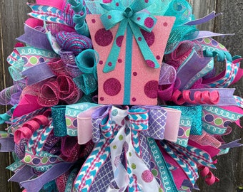 Christmas Wreath: Handmade Pine Wreath with Polka Dot Present