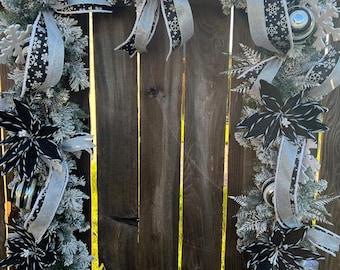 Flocked Christmas Garland: Black, White Poinsettias & Silver Ornaments