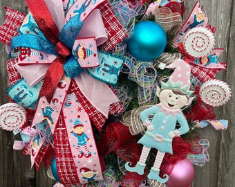 Handmade Christmas Elf Wreath: Pink & Blue Whimsical Decoration