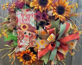 Sunflower Scarecrow Fall Wreath: Handmade Farmhouse Door Decor