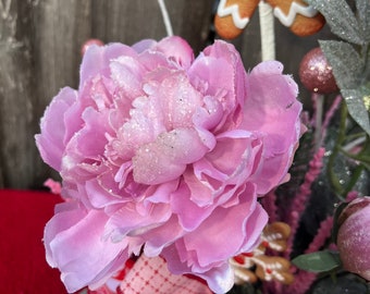 Handmade Gingerbread Man Christmas Centerpiece: Pink Peonies & Greenery