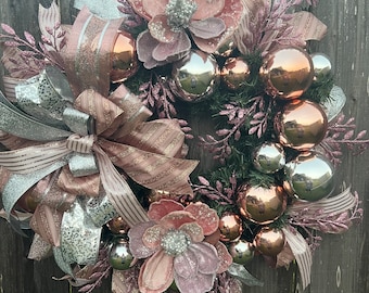 Handmade Rose Gold Magnolia Wreath: Silver Ornaments & Designer Ribbons