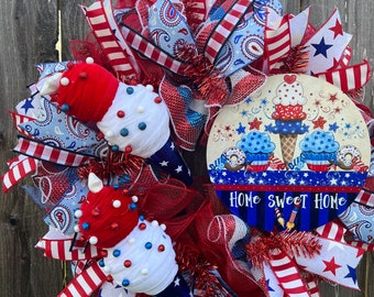 Ice Cream Patriotic Wreath: Red, White & Blue Decor - 24” Handmade