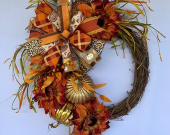 Handmade Fall Grapevine Wreath: Sunflowers, Pumpkins & Bow