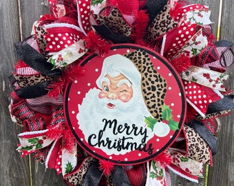 Cheetah Print Santa Christmas Wreath: Handmade Holiday Decor