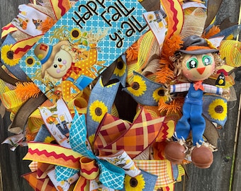 Handmade Fall Scarecrow Wreath: Whimsical Autumn Door Decor