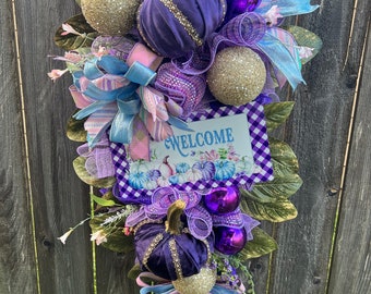Handmade Fall Swag: Purple Pumpkin Thanksgiving Door Decor