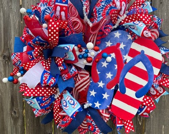 Flip Flop Patriotic Wreath: Red, White & Blue 4th of July Decor