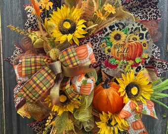 Handmade Fall Sunflower Wreath: Cheetah Print, Pumpkin & 'Happy Fall Y'all' Sign
